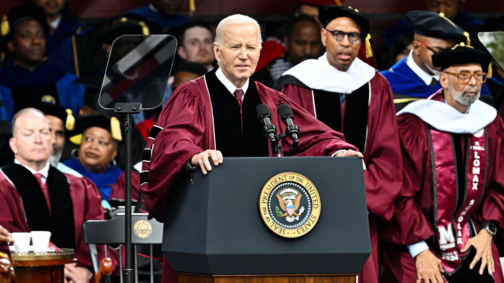 U.S. President Joe Biden speaks onstage during the 2024 140th Morehouse College Commencement Ceremony at Morehouse College on May 19, 2024 in Atlanta, Georgia. (Photo by Paras Griffin/WireImage)