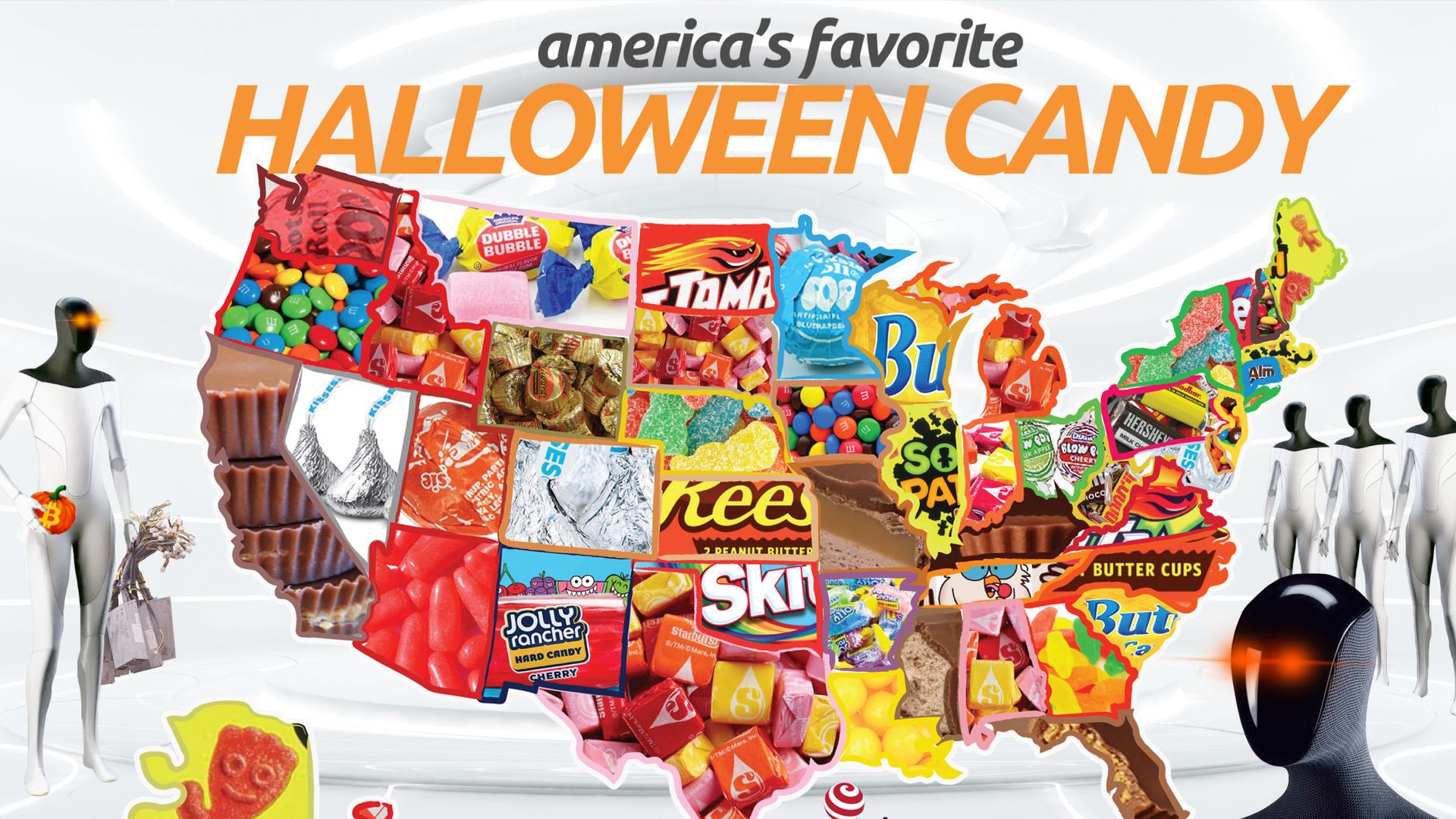 A colorful map of the U.S., but the states are covered with images of the top candy sold in the,
