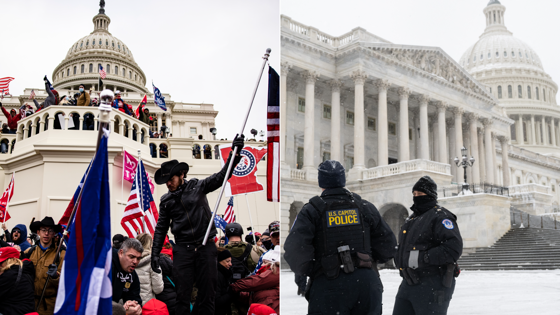 Two photos are shown side-by-side. On the left, rioters, including one dressed as a cowboy, are seen outside the Capitol. On the right, two police officers are seen in front of a snowy Capitol 