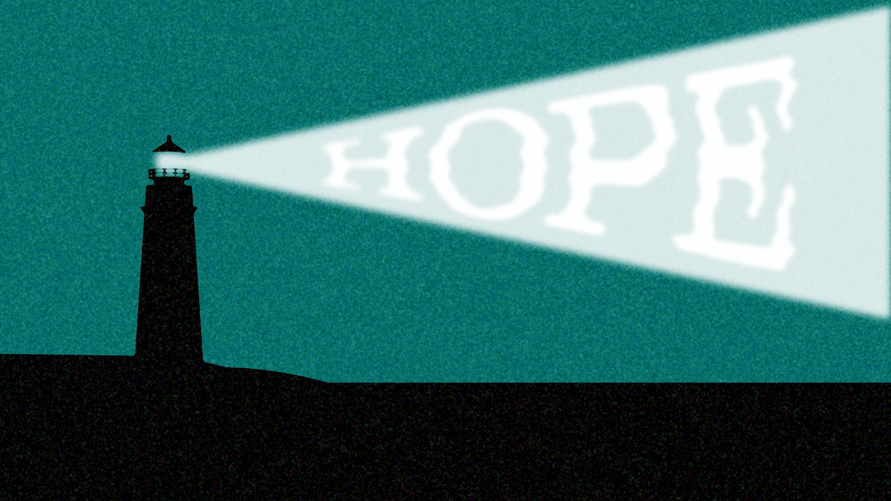 Animated illustration of a silhouetted lighthouse emitting a beam with the word "HOPE" in it.