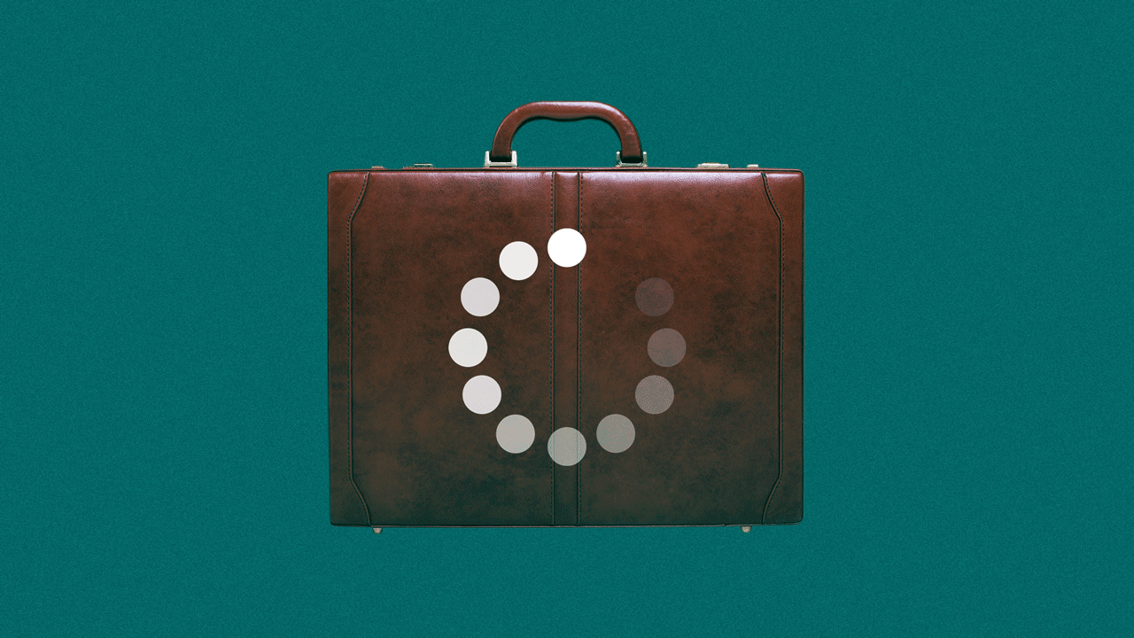 Animated illustration of a briefcase with a loading icon spinning endlessly