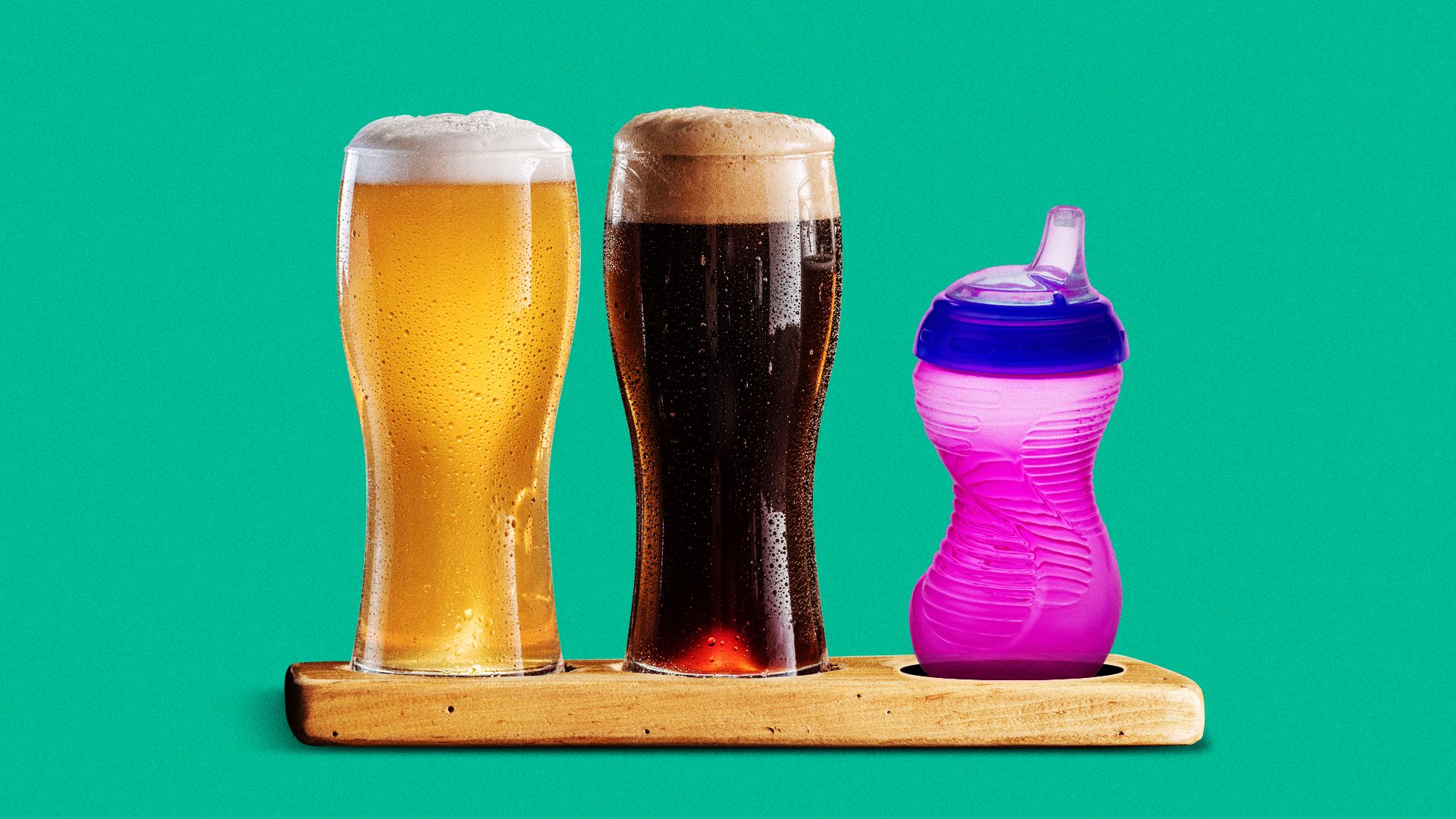 Illustration of a flight of beer, with a sippy cup replacing one of the glasses. 