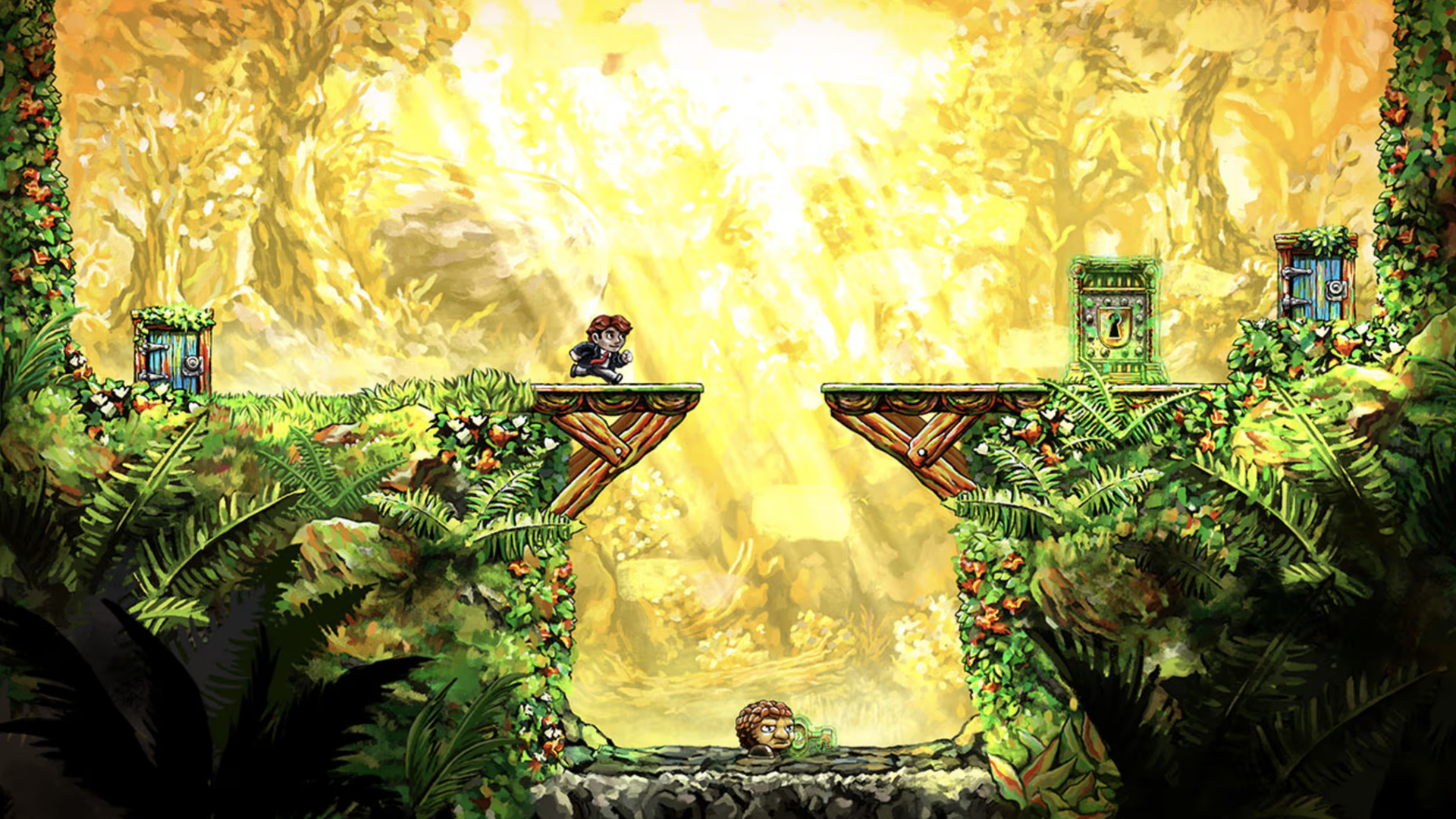 Video game screenshot of a man approaching a chasm