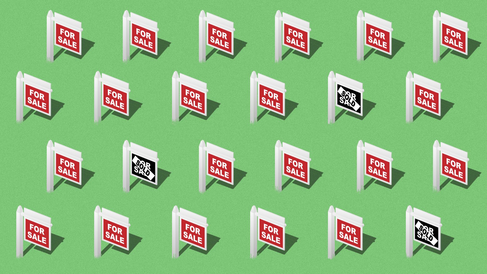 Illustrated pattern of FOR SALE signs with only a few saying "SOLD"