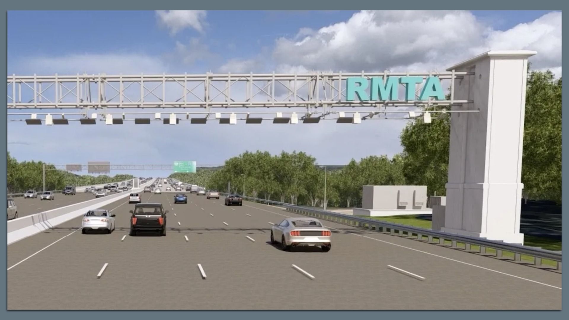 A rendering of a cashless toll booth, which is just a bar over the highway with sensors 