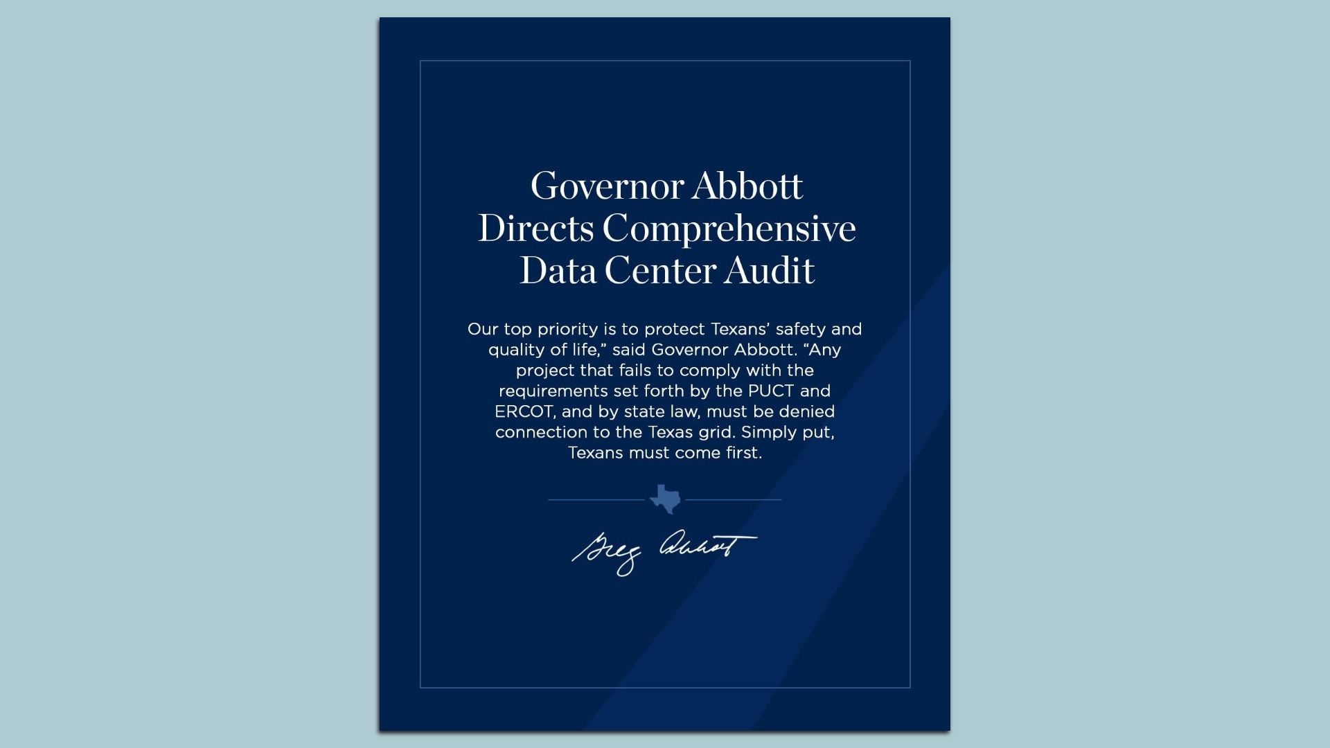 A blue poster features the headline "Governor Abbott Directs Comprehensive Data Center Audit."