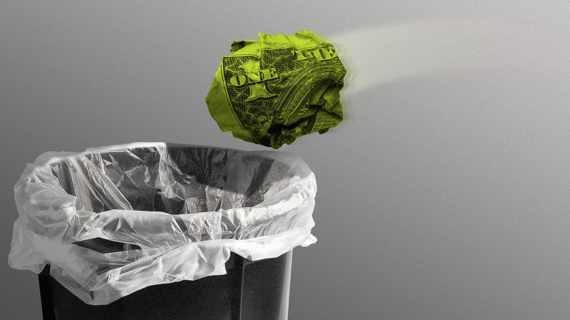 Illustration of a dollar bill being tossed in a garbage