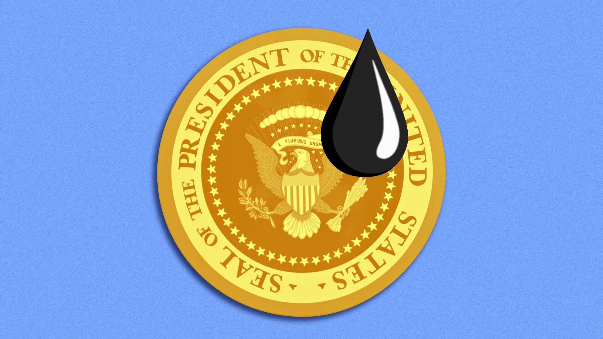 Illustration of the POTUS seal as an emoji with an oil sweat droplet 