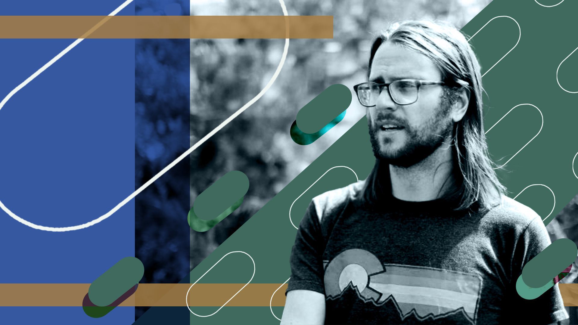 Photo illustration of Kevin Owocki, the founder of Gitcoin, and abstract shapes.