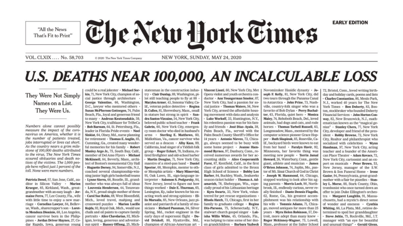 New York Times Front Page Honors 1,000 Covid-19 Victims