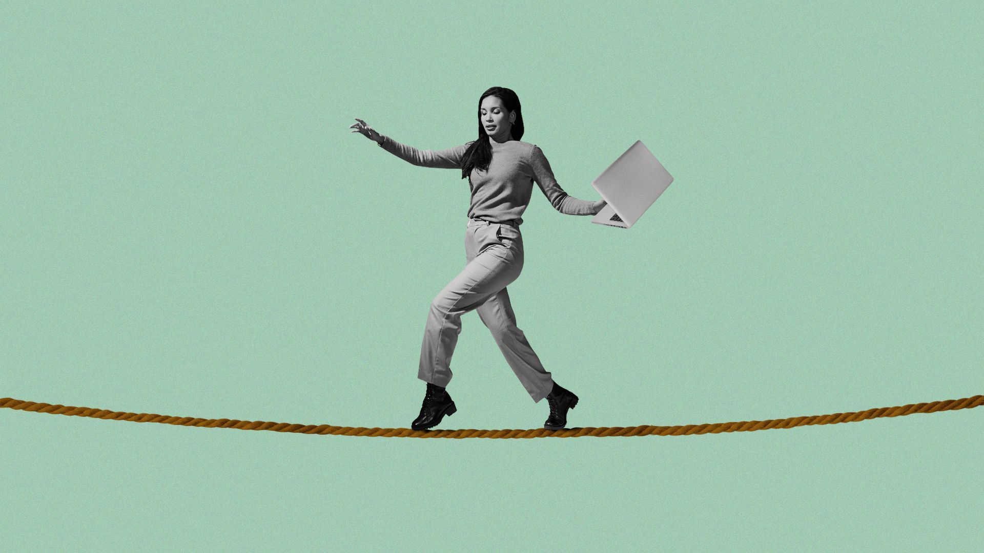 Illustration of woman holding a laptop while walking on tightrope.