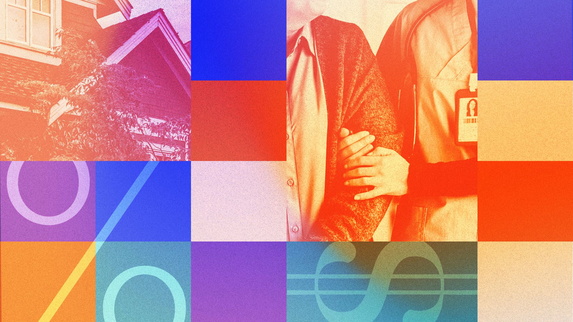 Illustrated collage featuring a nurse holding the arm of a person and a house, with dollar signs and percentage signs surrounded by blocks of color