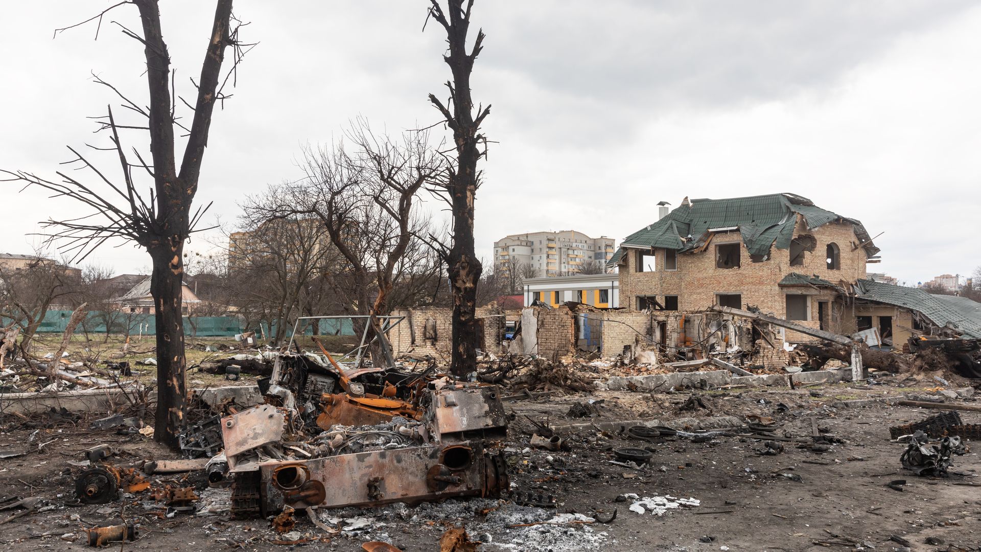 Picture of destroyed buildings in the city of Bucha