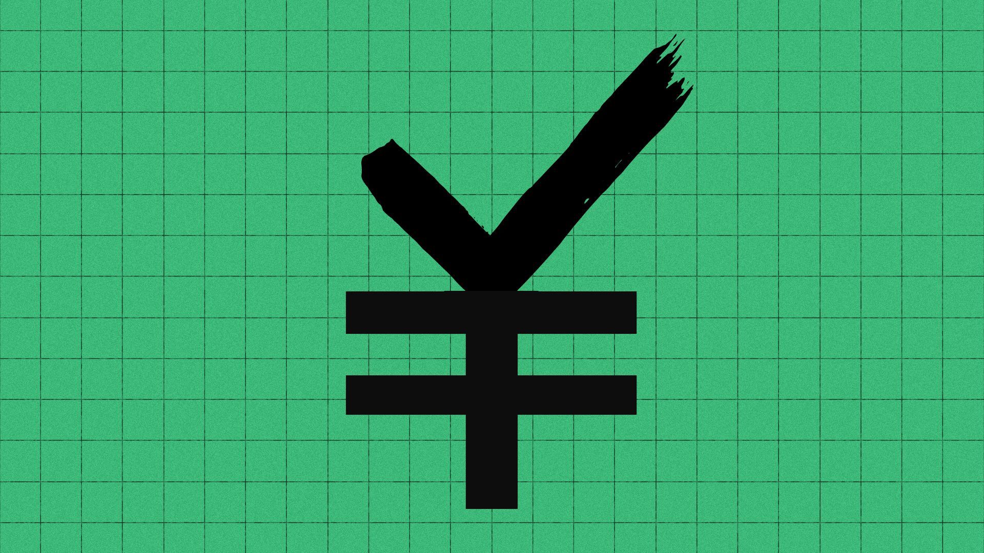 Illustration of a Yen symbol with the top of the symbol made out of a check mark. 