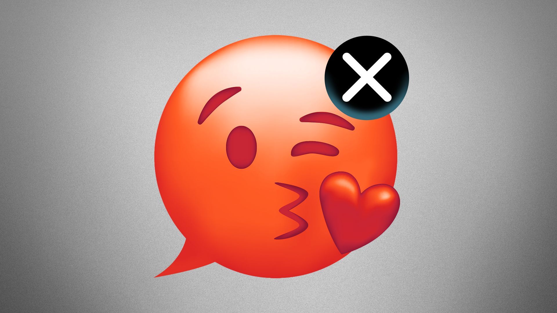 Illustration of a kissy face emoji shaped like a speech bubble with an app closure "x" symbol in the top right corner.