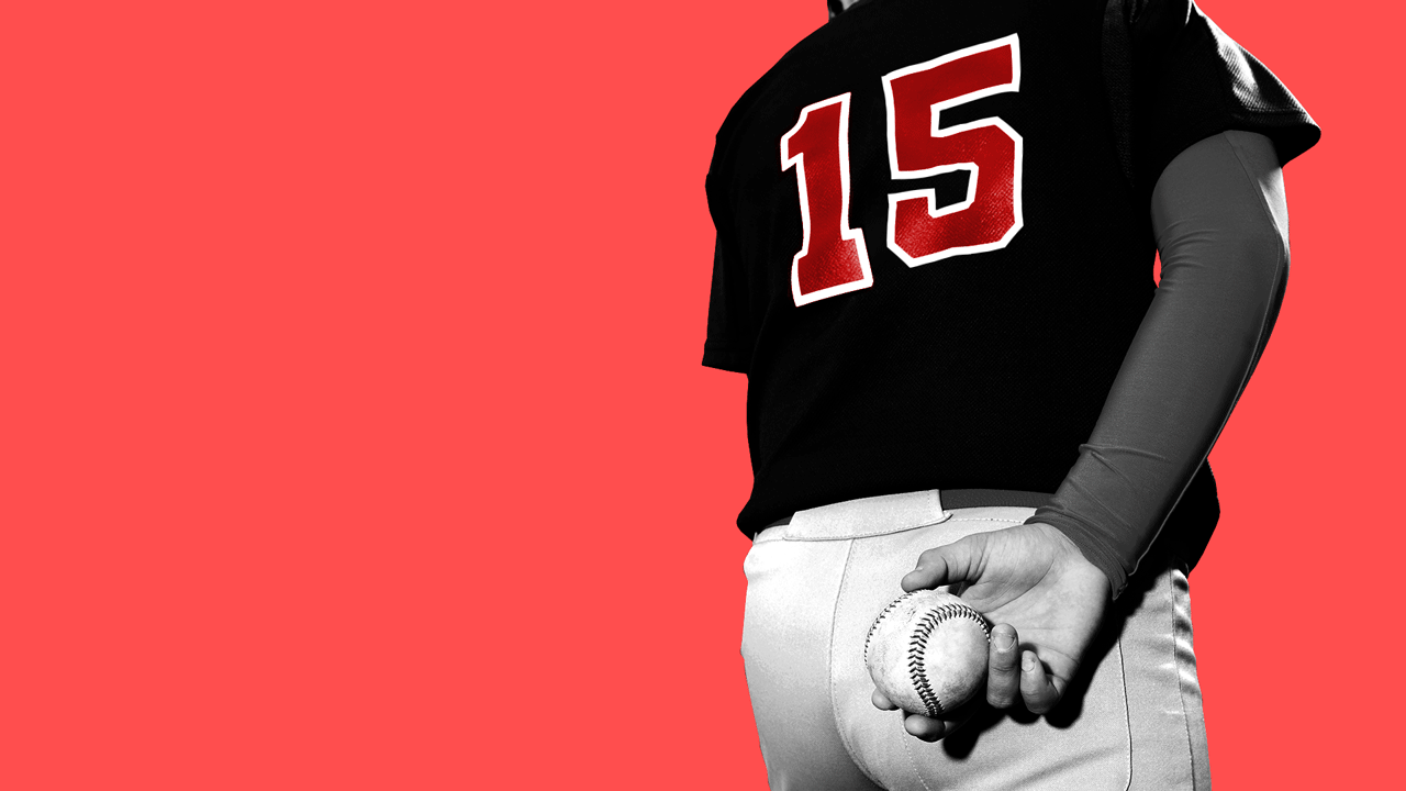 Animated illustrated of a baseball pitcher's back with a baseball in his hand behind his back. The animated numbers on the jersey countdown from 15 to 00.