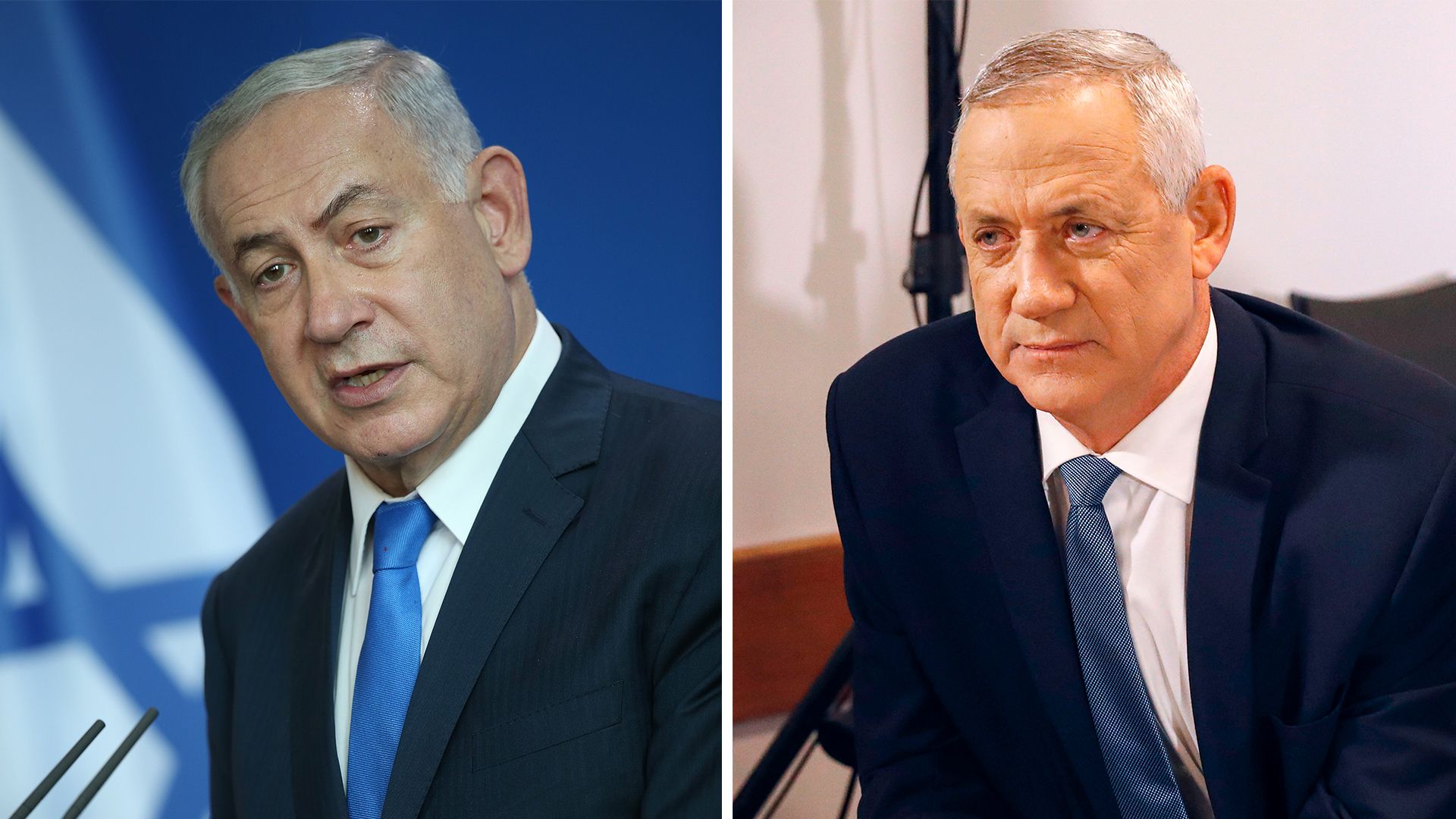 Side-by-side photos of Israeli Prime Minister Benjamin Netanyahu and Blue and White leader Benny Gantz.