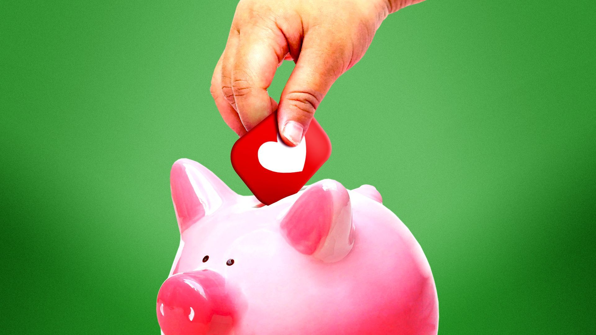 Illustration of a child's hand placing a social media like icon inside a piggy bank.