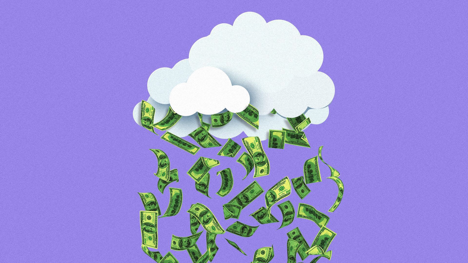 Illustration of dollar bills falling from a cloud.