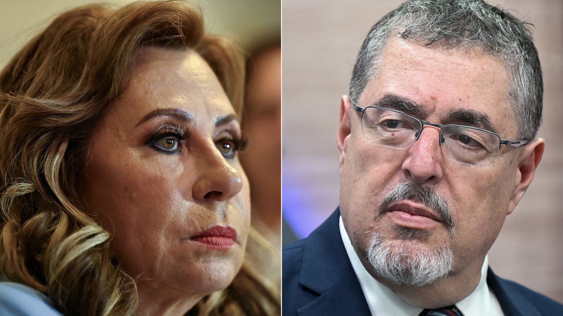 On the left, Guatemalan presidential candidate Sandra Torres; on the right, Guatemalan presidential candidate Bernardo Arevalo