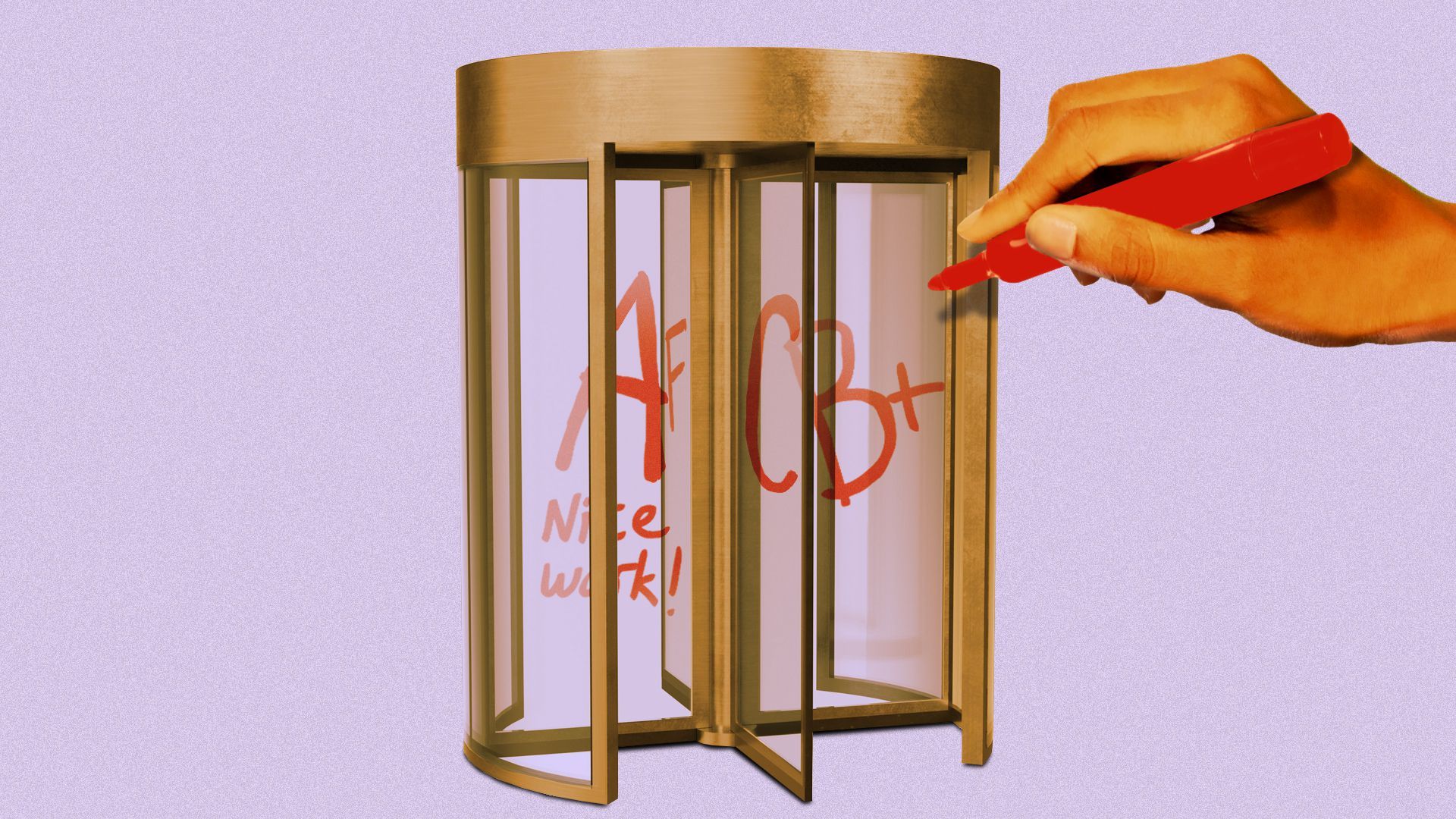 Illustration of a giant hand writing grades on a revolving door