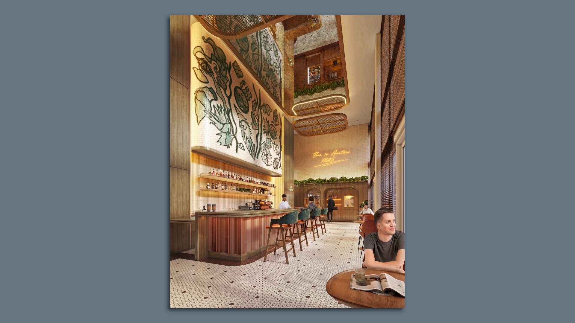 A wooden bar with high chairs. A very tall wall has a tile mural of a green vine. 