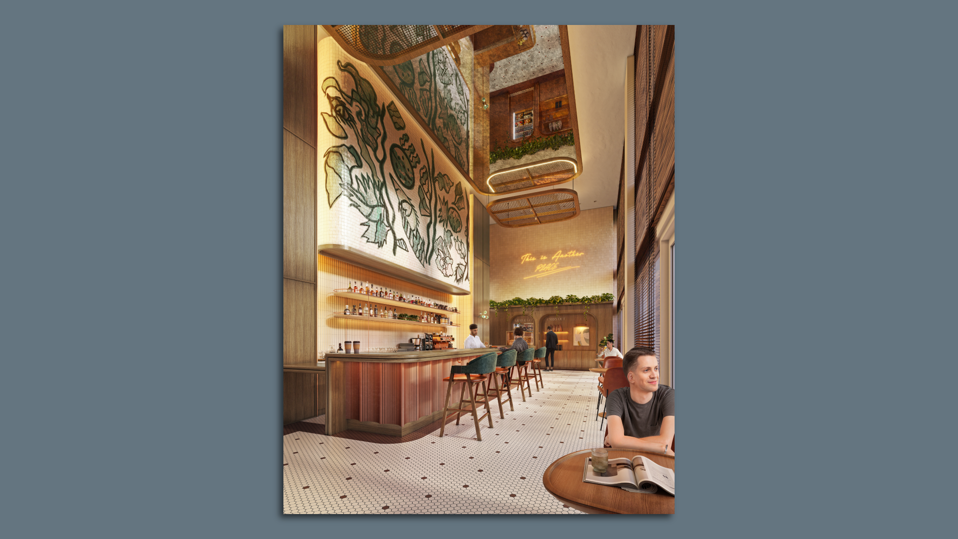 A wooden bar with high chairs. A very tall wall has a tile mural of a green vine.