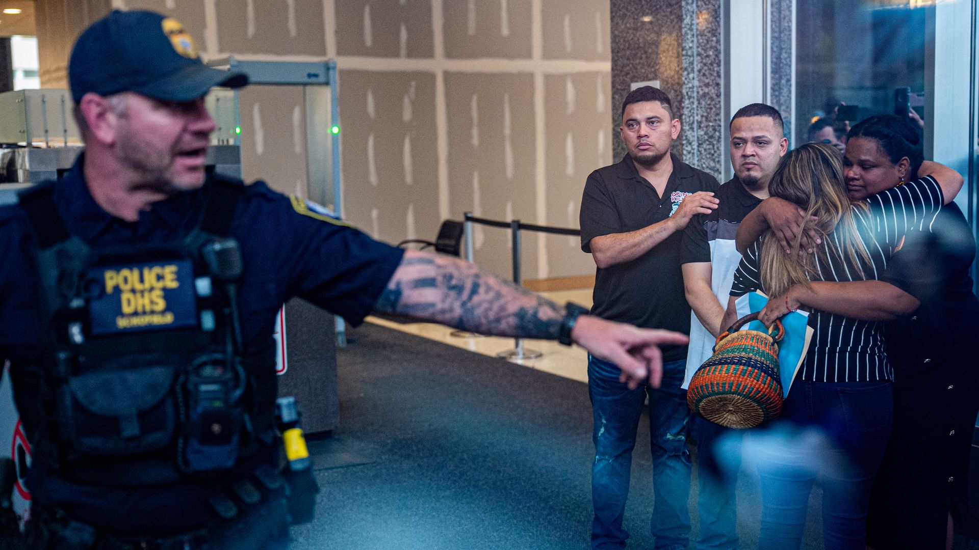 Kilmar Abrego Garcia (3rd-R) accompanied by his wife Jennifer Vasquez Sura (2nd-R) enters a U.S. Immigration and Customs Enforcement (ICE) field office on August 25, 2025 in Baltimore, Maryland. Photo by Andrew Harnik/Getty Images.