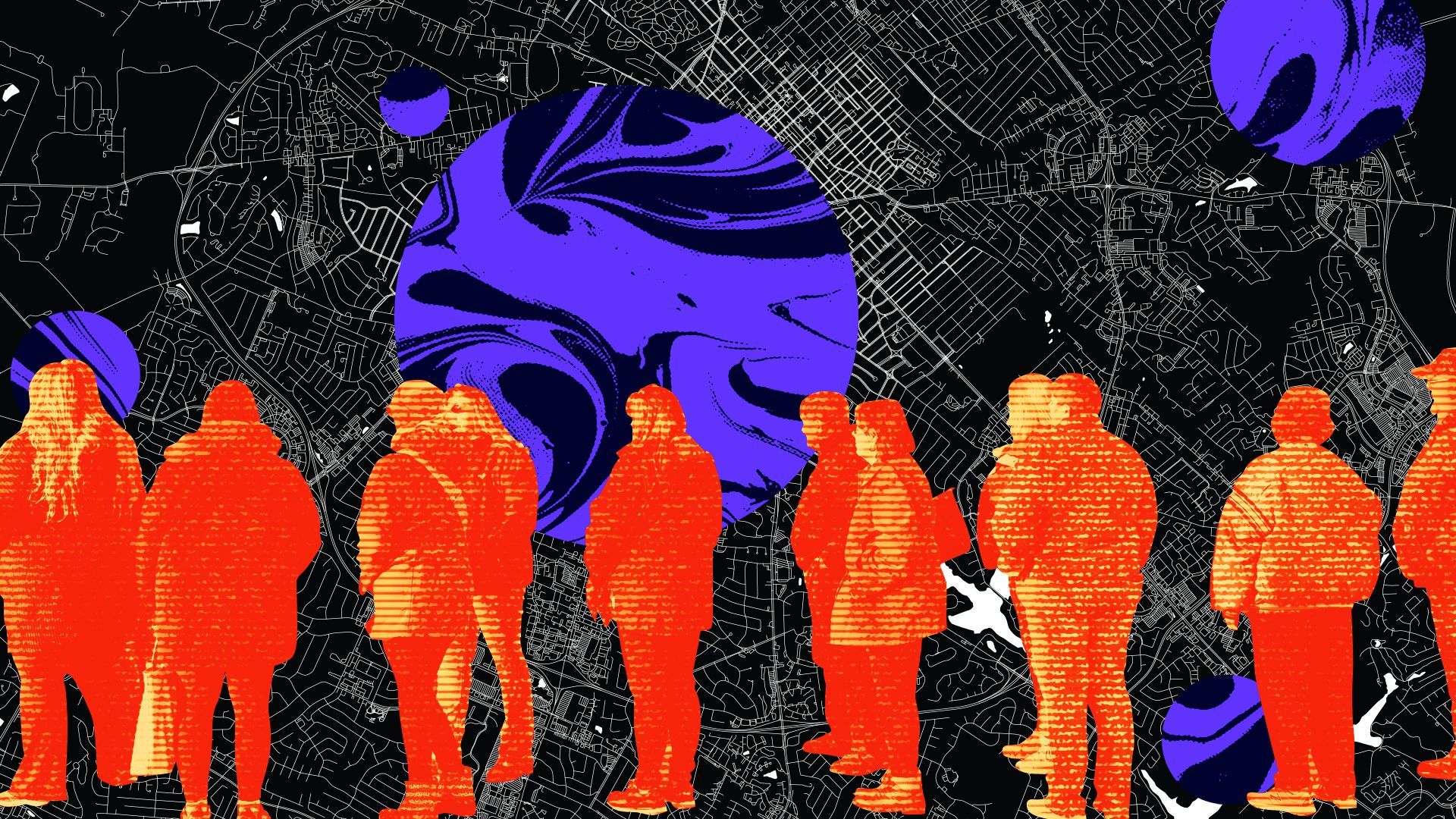 Photo illustration of residents of East Palestine overlaid on a topographic road map, with circles containing a design that mimics liquid chemical dotted around.