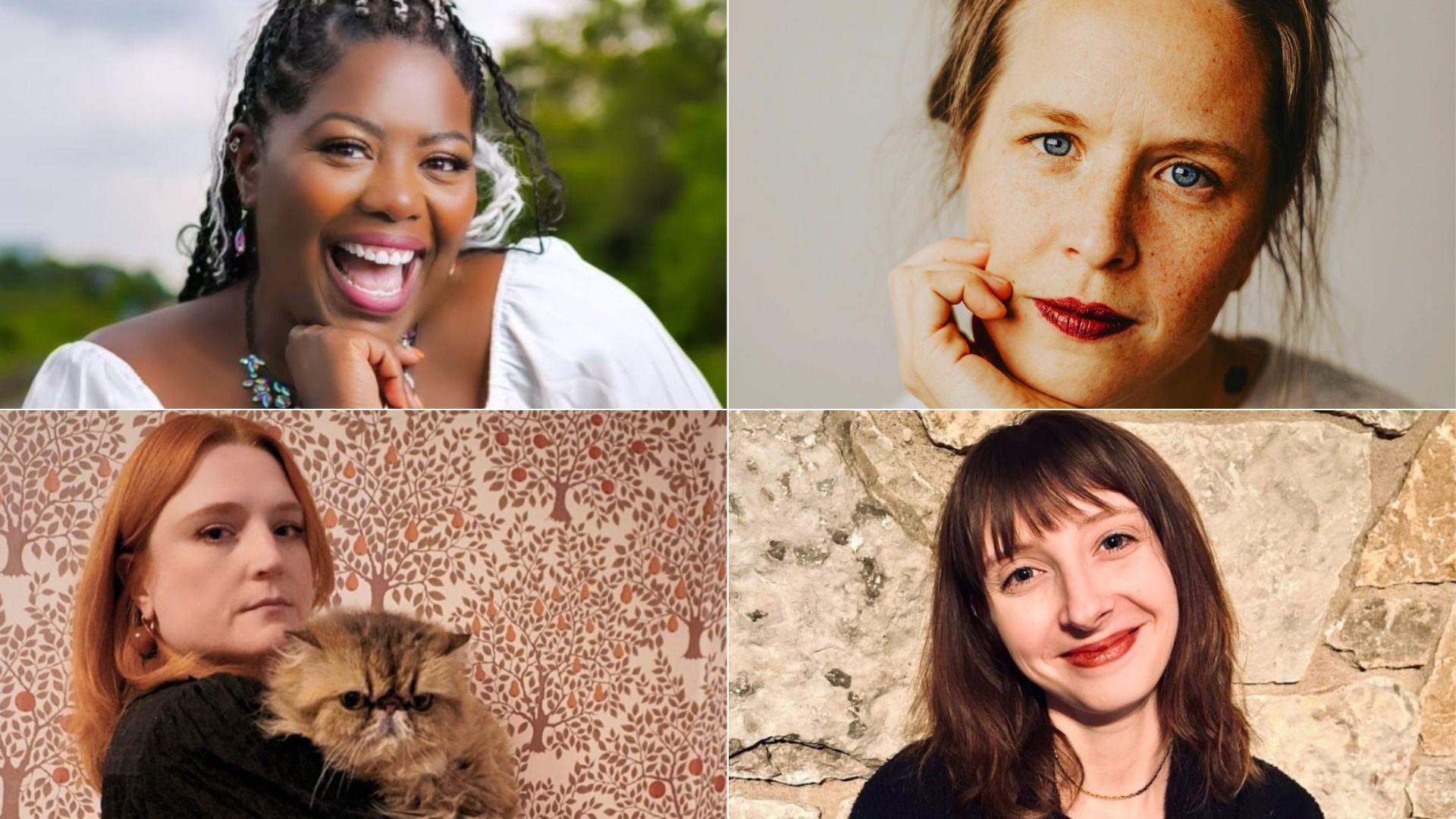 Collage of four portraits: a joyful Black woman with braided hair outdoors, a thoughtful woman with blue eyes and burgundy lipstick indoors, a red-haired woman holding a grumpy brown cat against patterned wallpaper, and a smiling woman with light brown hair in front of a stone wall.