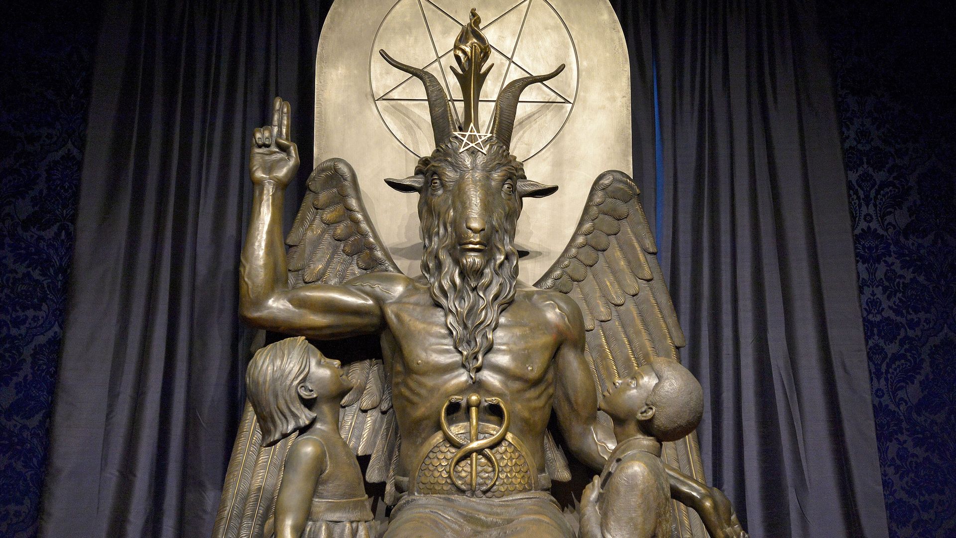 A statue of Baphomet, the goat-headed diety, at the Satanic Temple in Salem.