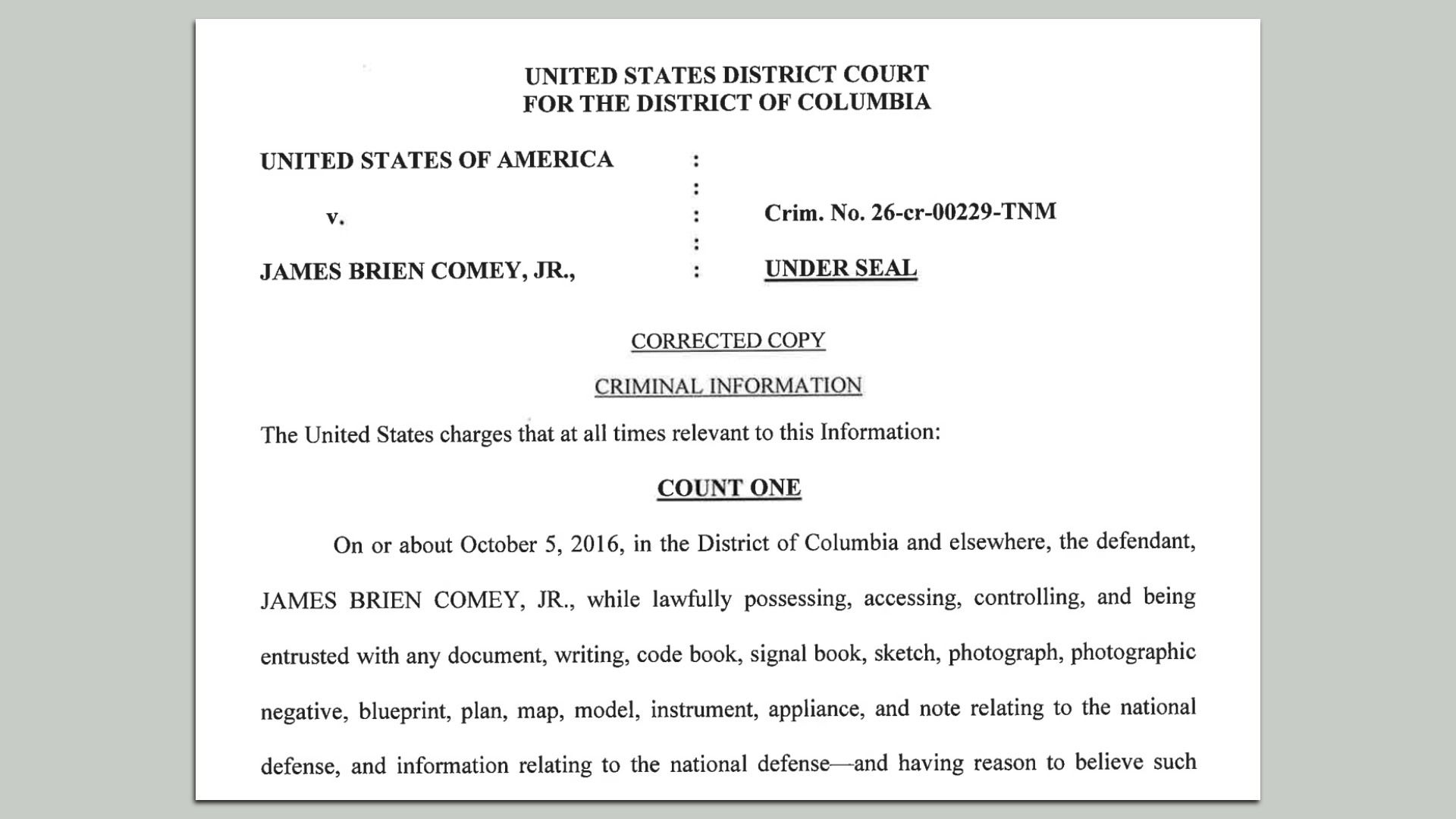 Cover page of a U.S. District Court filing: header reads UNITED STATES DISTRICT COURT FOR THE DISTRICT OF COLUMBIA; v. [REDACTED], UNDER SEAL; CORRECTED COPY and CRIMINAL INFORMATION.