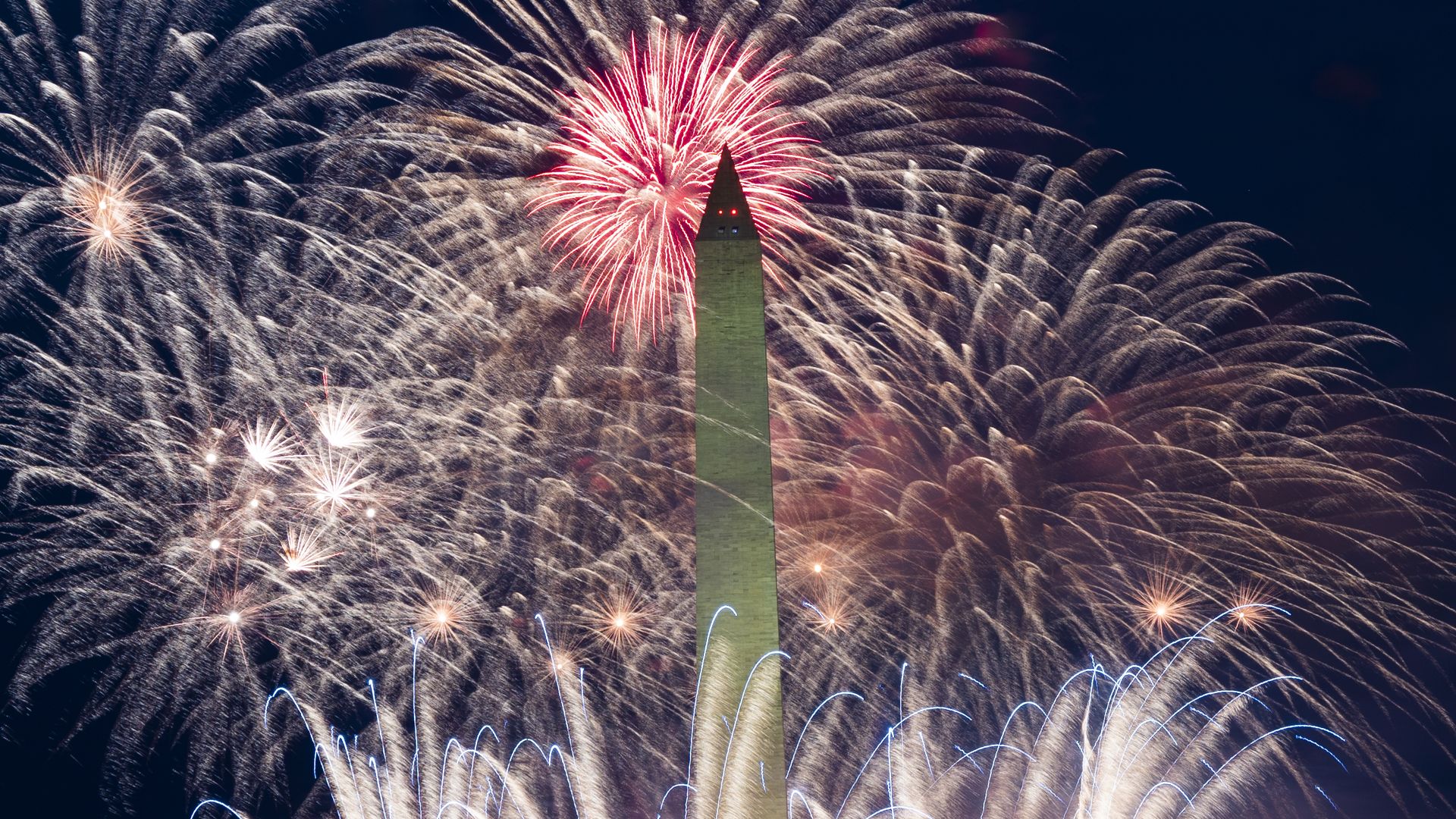 The Washington Monument surrounded by fireworks