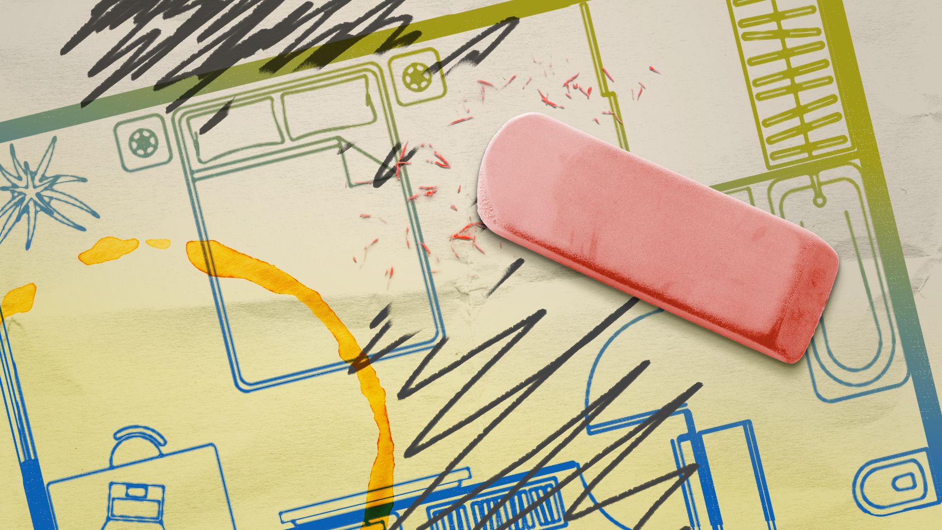 Illustration of a bedroom floor plan with pencil scribbles and a coffee stain on it. An erasier sits on the floor plan, and some of the pencil scribbles have been erased.