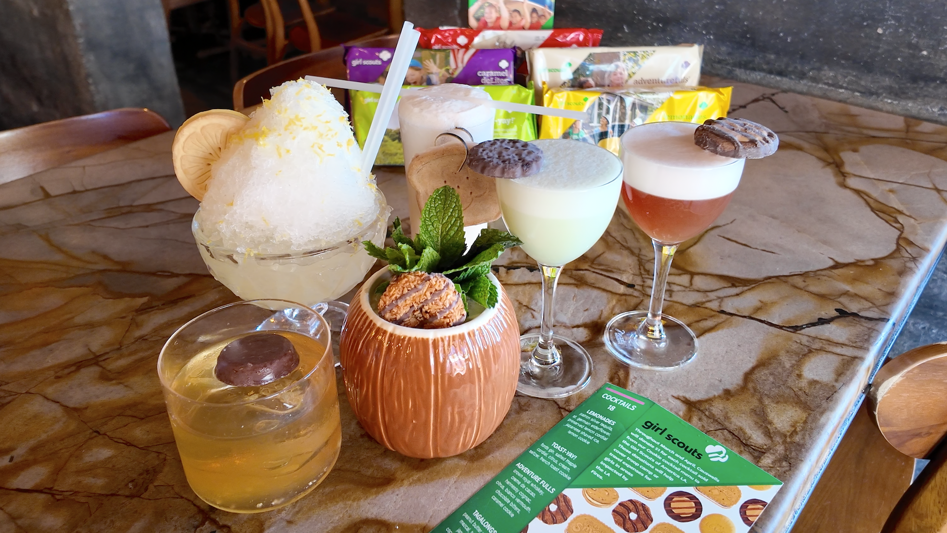 Photo of six cocktail drinks inspired by Girl Scout cookies