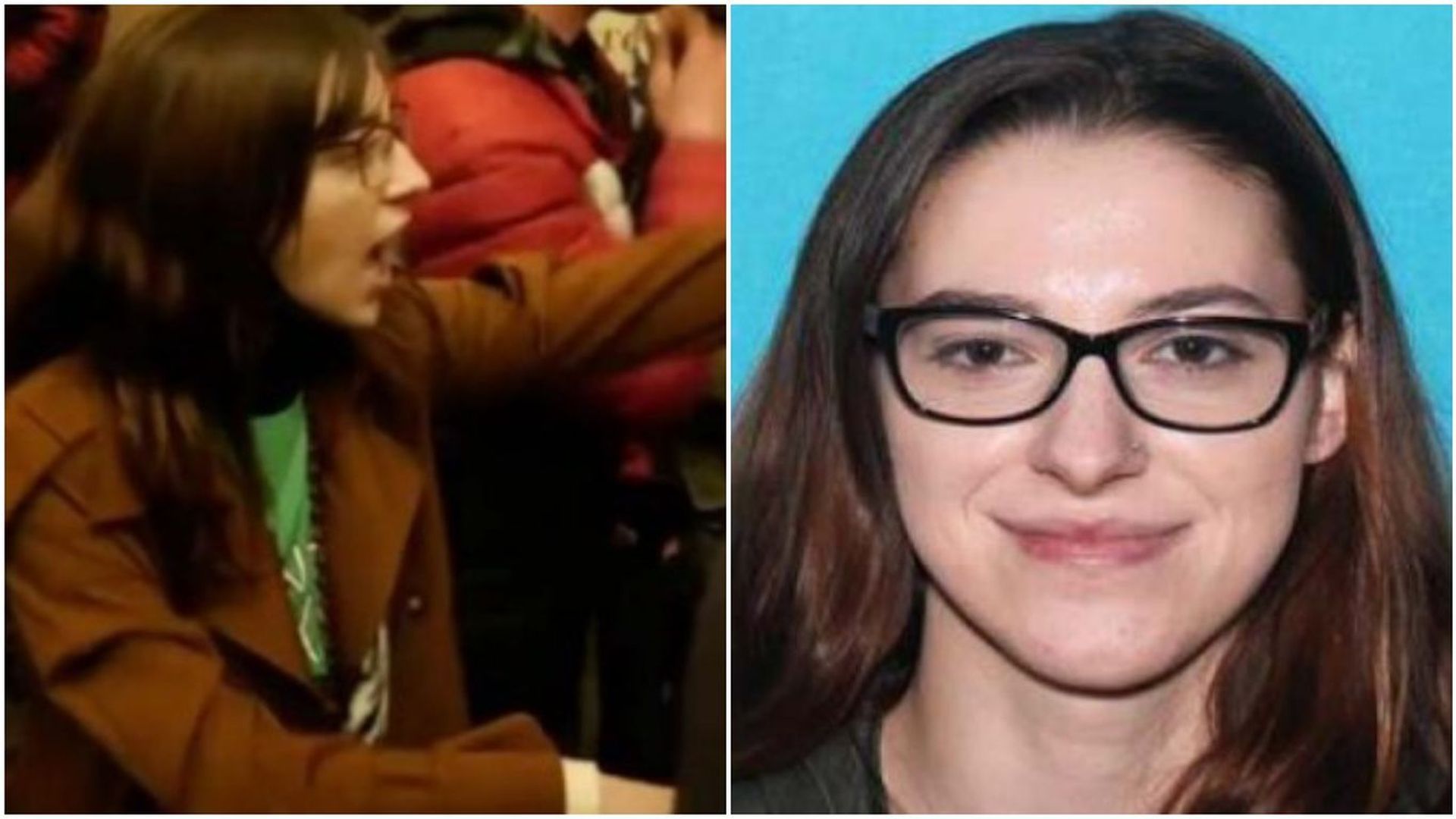 Photo of Riley Williams at the Jan. 6 insurrection on the left and her mug shot on the right