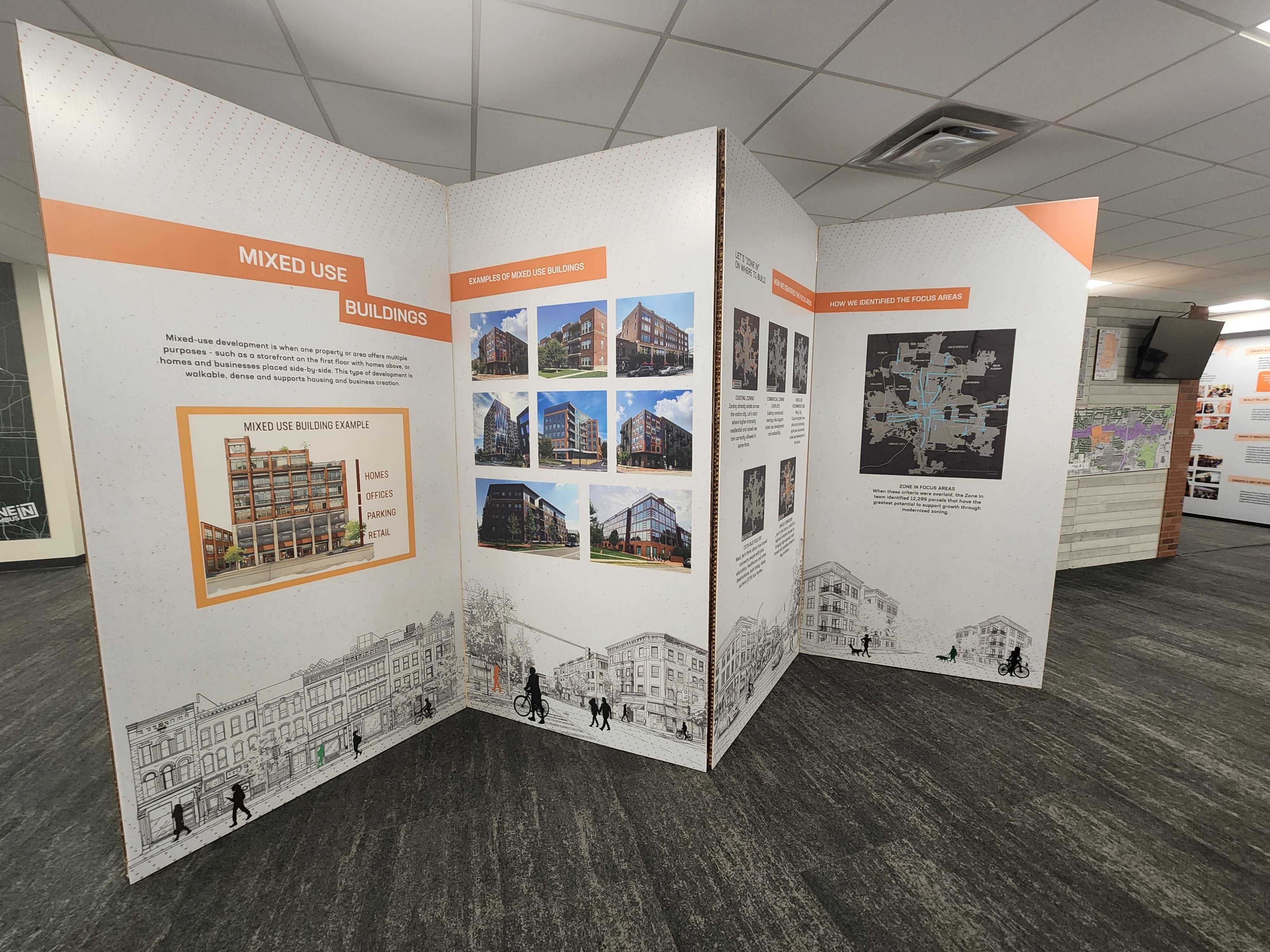 Large gallery exhibits showcasing new zoning code policies for Columbus. 