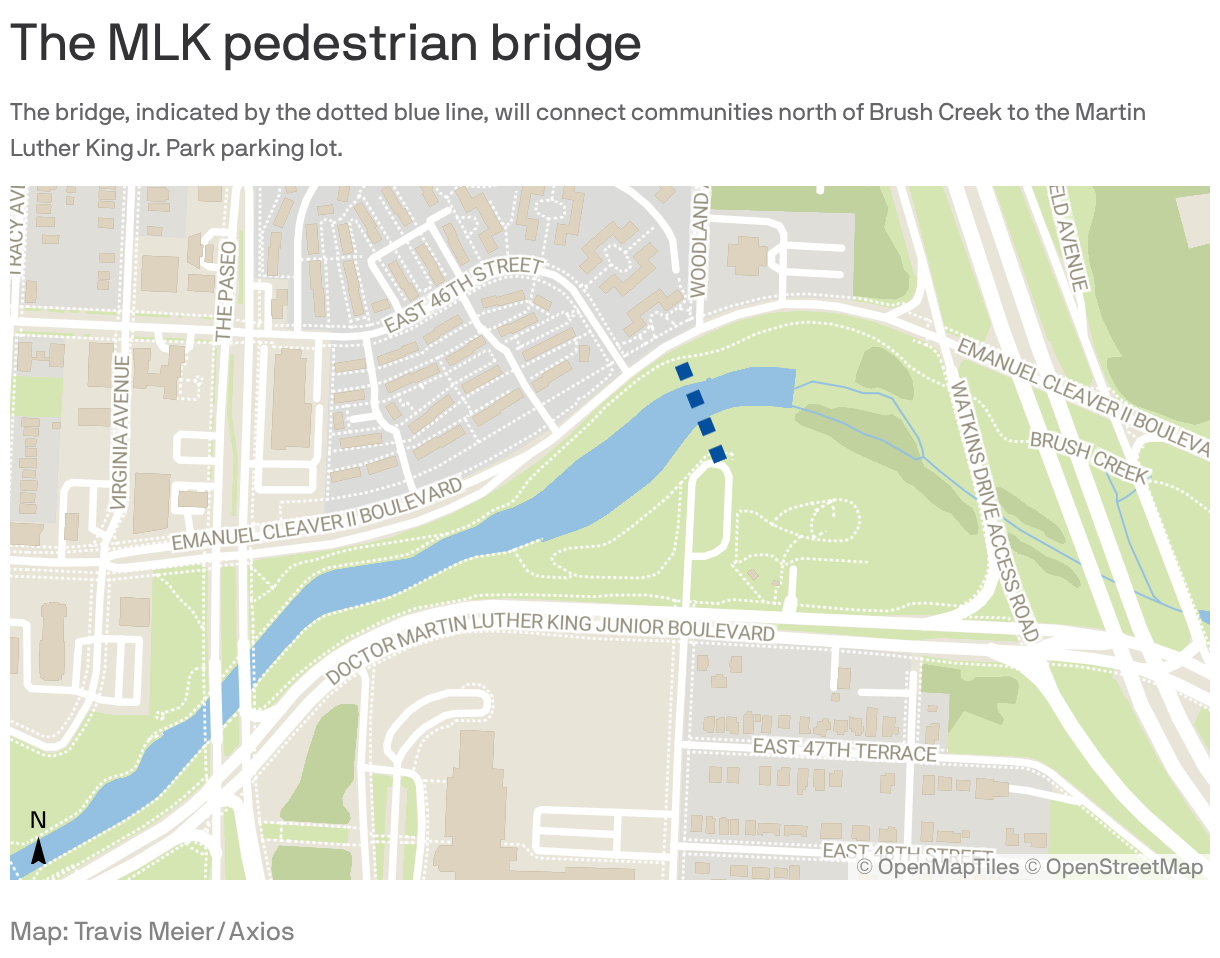 A blue, green, brown and gray map of the Brush Creek area showing a dotted blue line where the bridge will cross from a parking lot near MLK Park to Emanuel Cleaver II Boulevard.