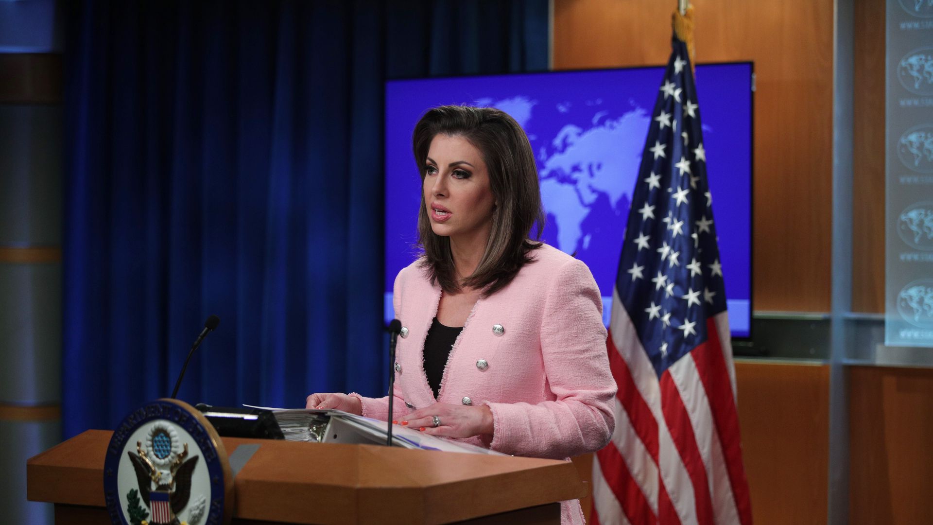 U.S. State Department spokesperson Morgan Ortagus speaks during a media briefing