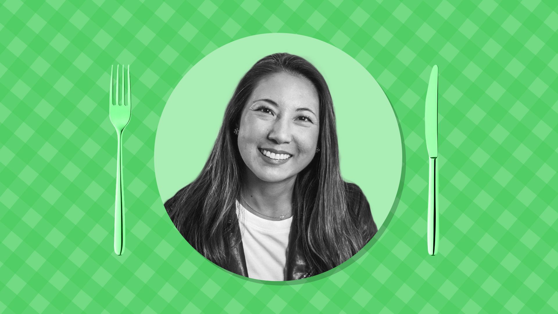 Photo illustration of Faye Iosotaluno on a picnic table patterned background.