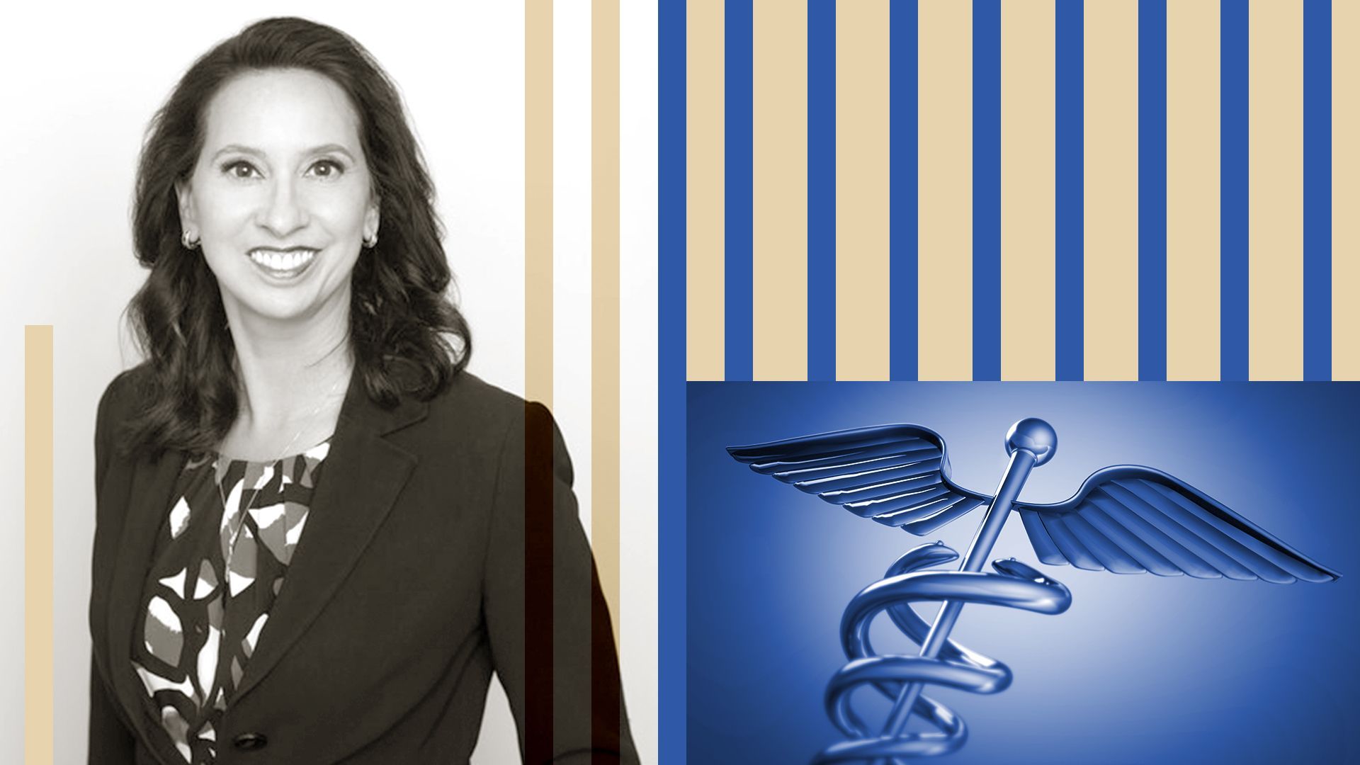 Photo illustration of Sheila Mikhail with lines and a caduceus in the background.