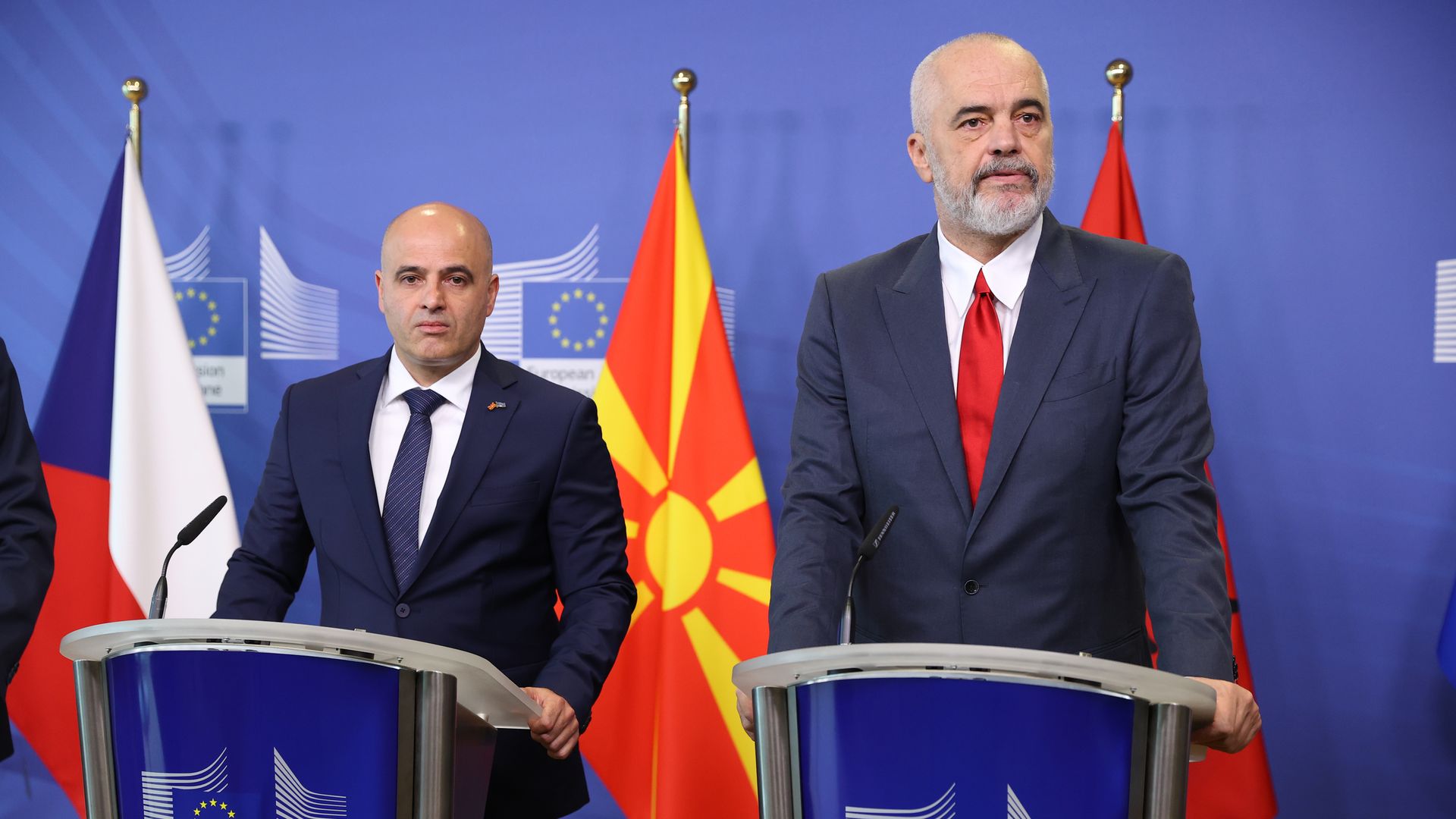 Albanian Prime Minister Edi Rama (R) and North Macedonia Prime Minister Dimitar Kovacevski (L) hold a joint press conference 