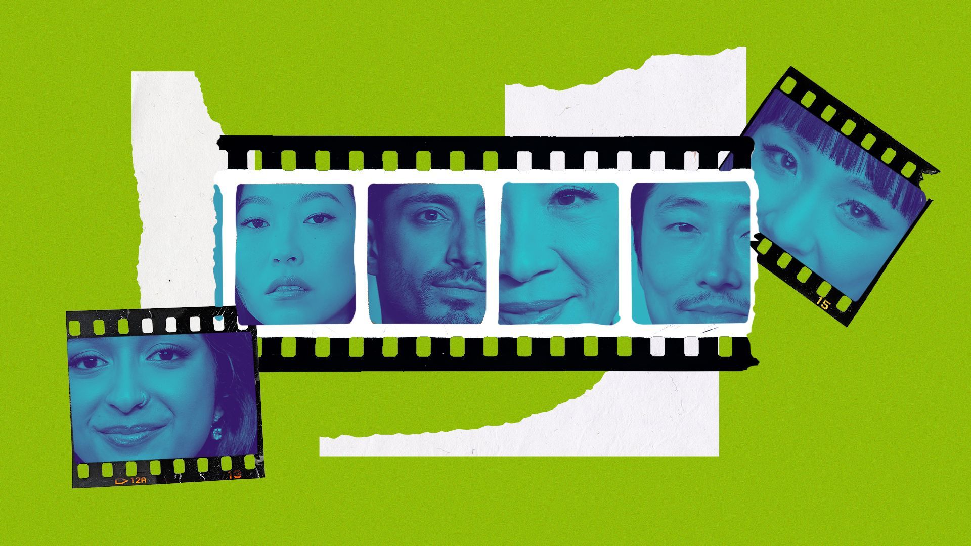 Photo illustration of Maitreyi Ramakrishnan, Constance Wu, Riz Ahmed, Awkwafina, Michelle Yeoh, and Steven Yeun on a collage background of film strips and torn paper.