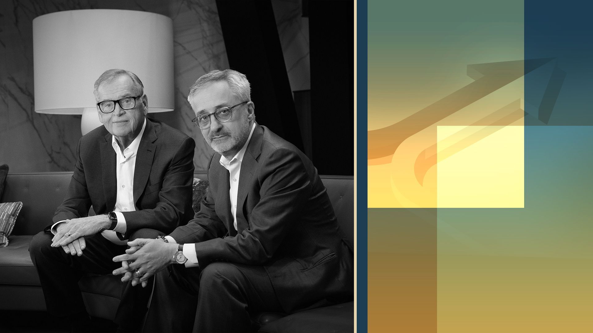 Photo illustration of the CEOs of Omnicom and IPG on an abstract background. 