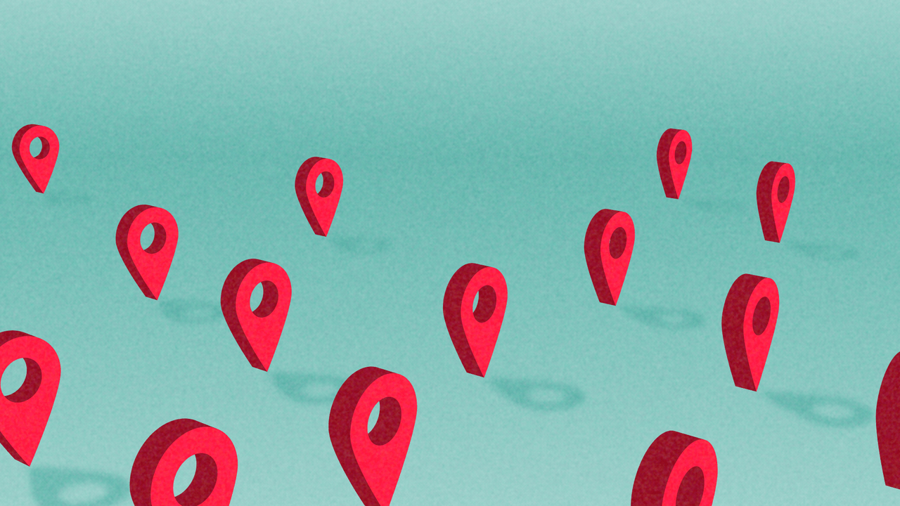 Animated illustration of a large group of map pins. A dotted line moves around them, and through three of them, which grow larger.