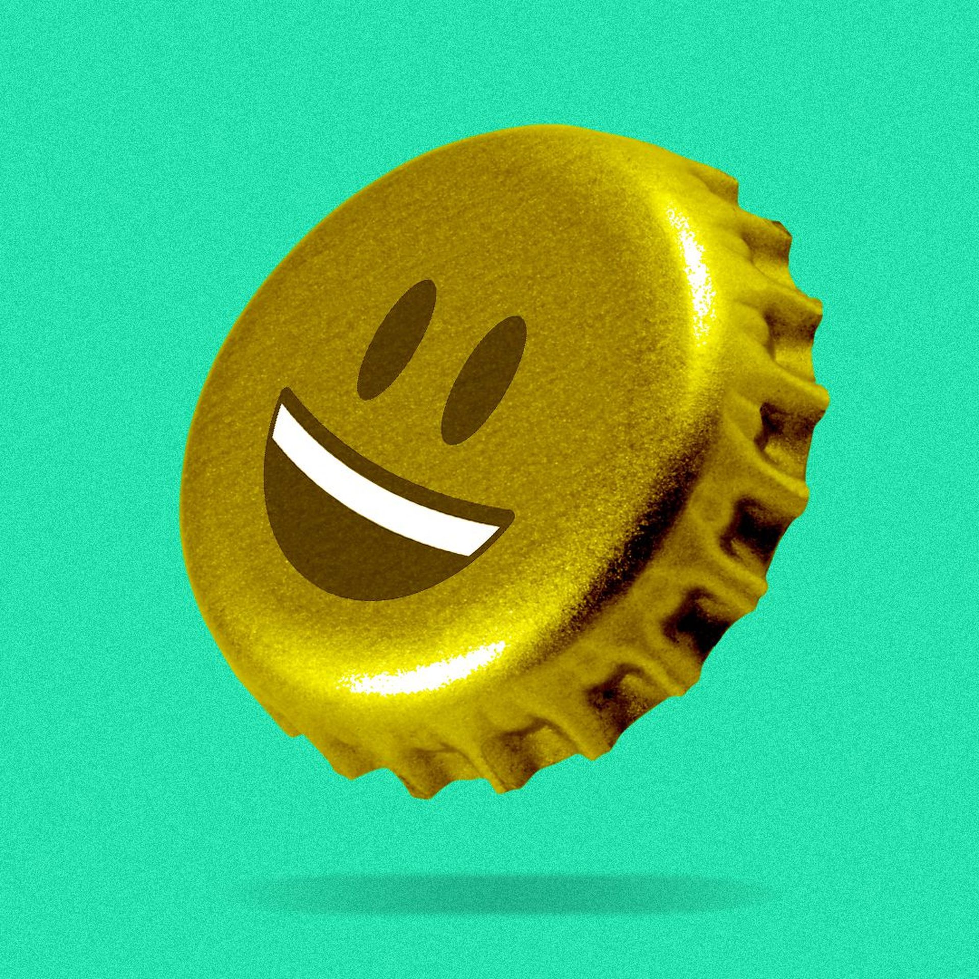 Illustration of a beer bottle cap with a grinning emoji face on it.