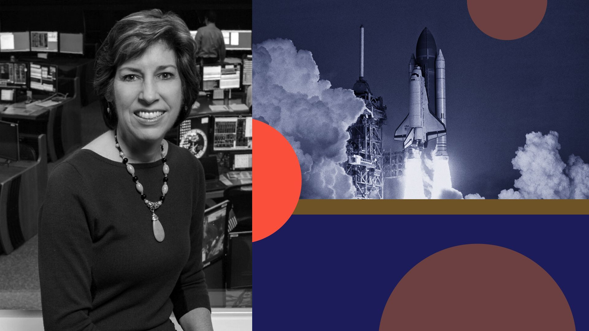 Photo illustration of  Ellen Ochoa with abstract shapes and a photo of a rocketship. 