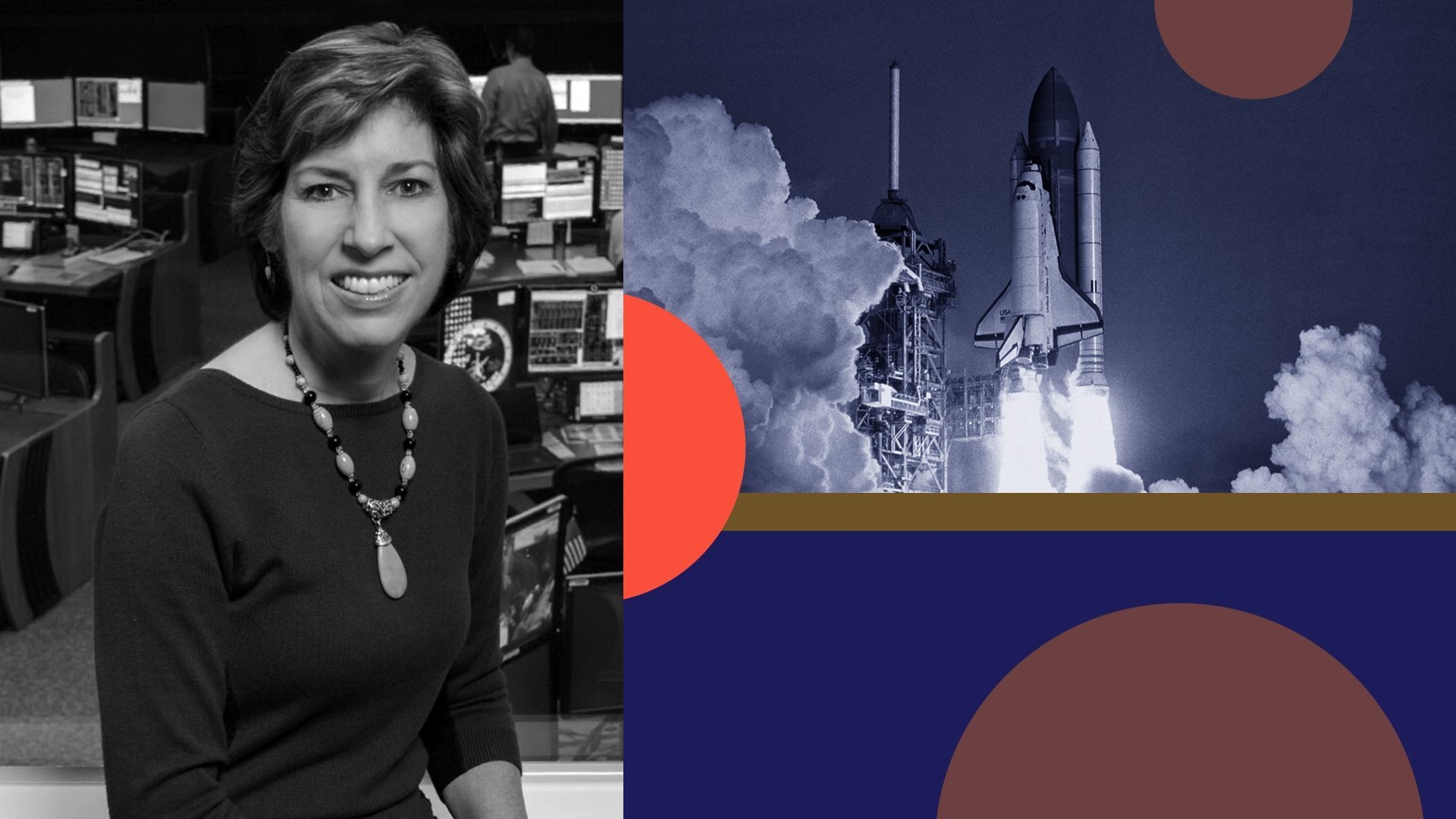 Photo illustration of Ellen Ochoa with abstract shapes and a photo of a rocketship.