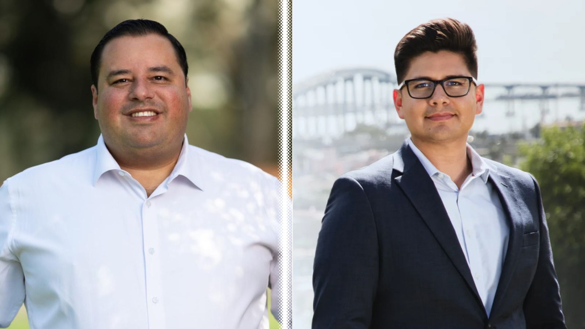 Side-by-side portraits of two men: left, a smiling man in a white shirt outdoors; right, a man with glasses in a dark suit, outdoors with a bridge in the background.