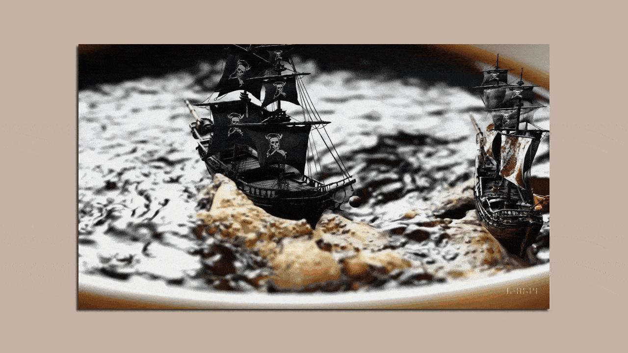 Video of two pirate ships in a cup of coffee, generated by AI